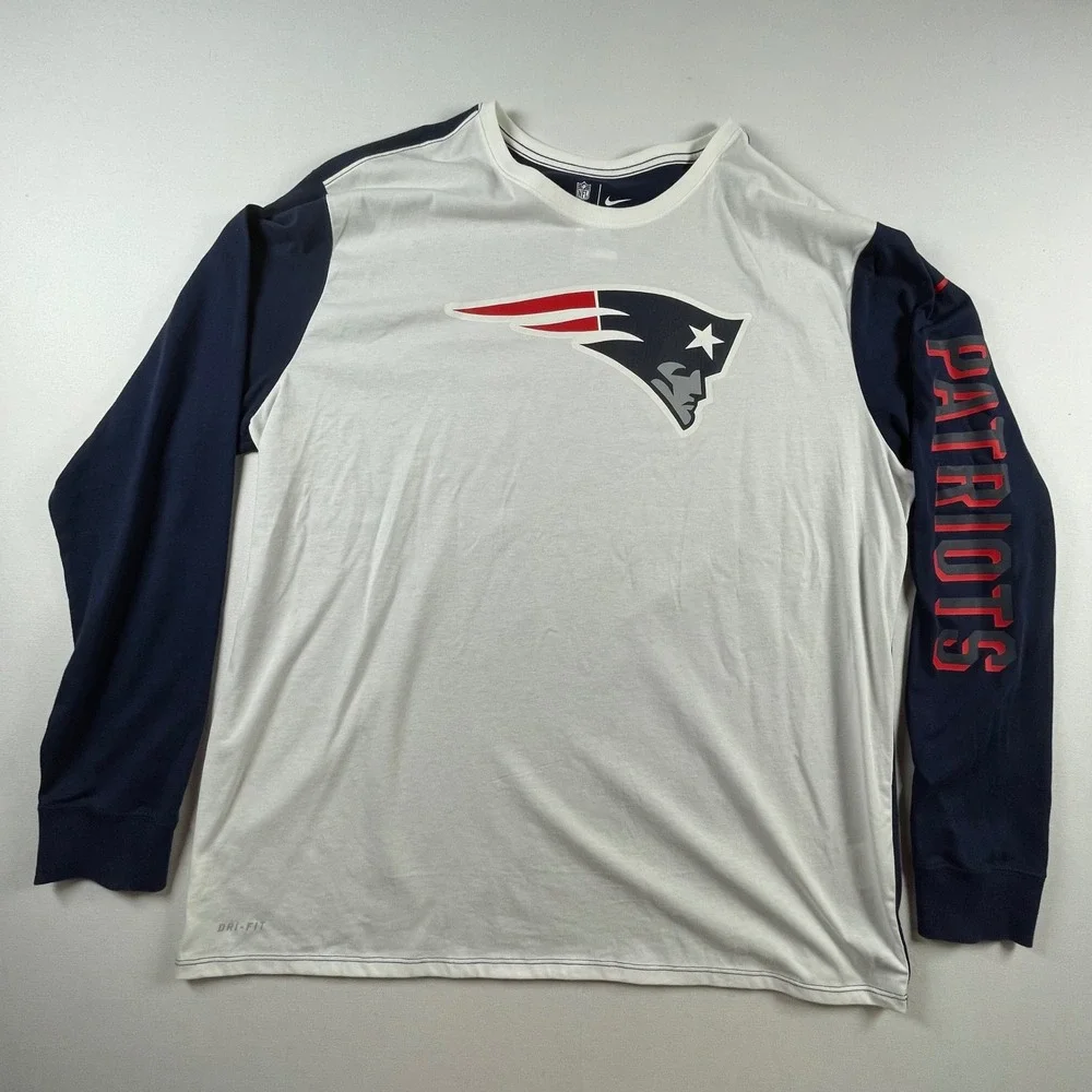 Nike New England Patriots Dri-FIT‎ Long Sleeve Shirt Mens XXL White Navy NFL Tee